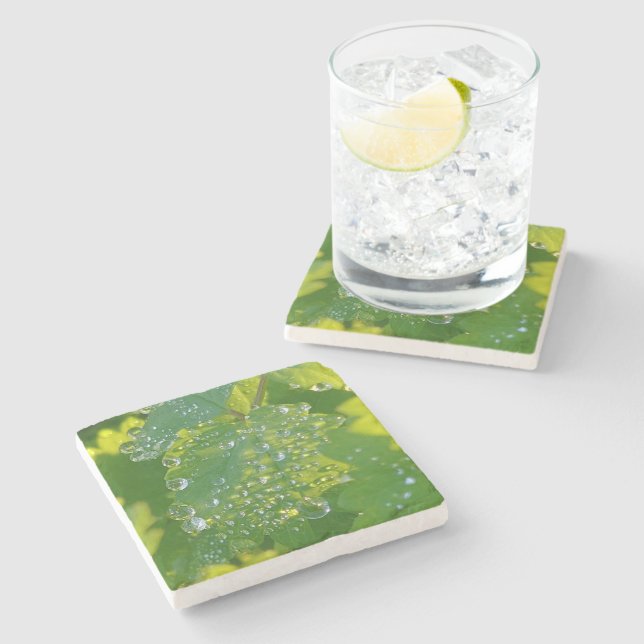 Cool Waterdrops On Green Leaf Stone Coaster (Side)