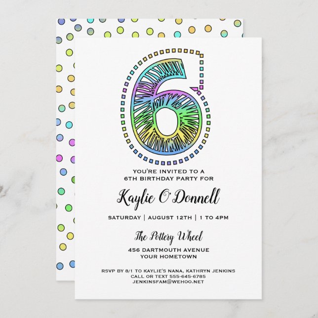 Cool Whimsical Fun 6th Birthday Party Invitation (Front/Back)