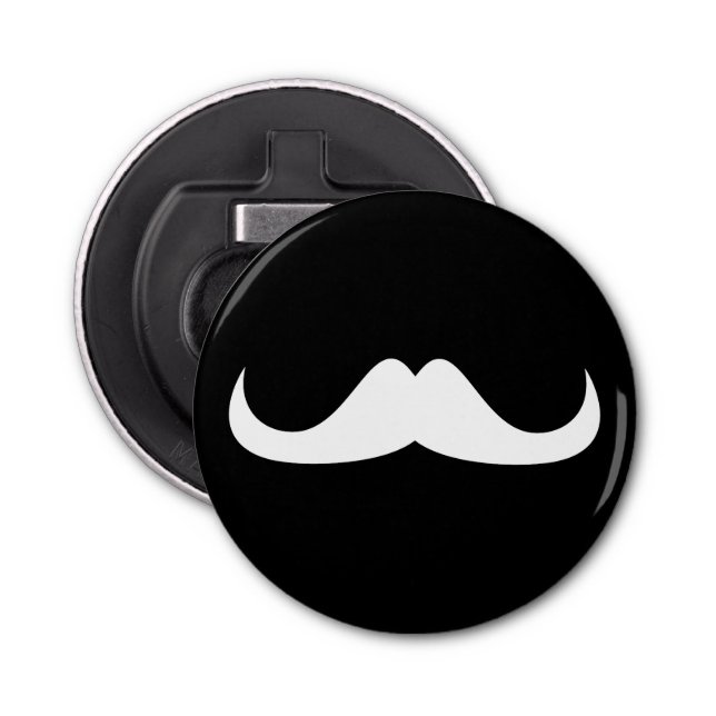 Cool White Handlebar moustache on Black Bottle Opener (Front)