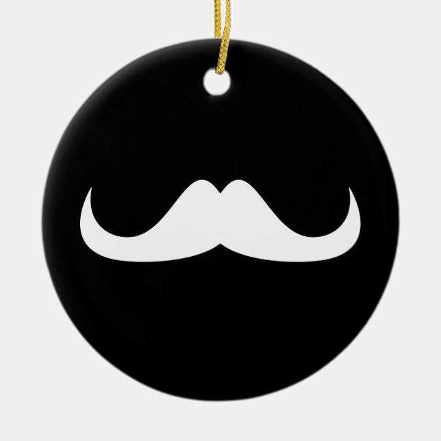 Cool White Handlebar moustache on Black Ceramic Ornament (Front)