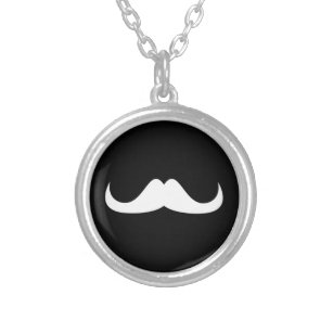Cool White Handlebar moustache on Black Silver Plated Necklace