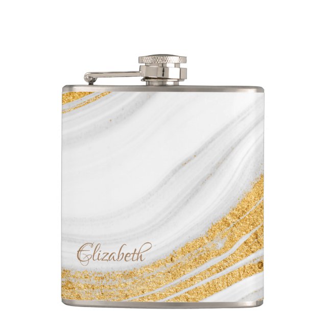 Cool White Marble Gold Glitter Hip Flask (Front)