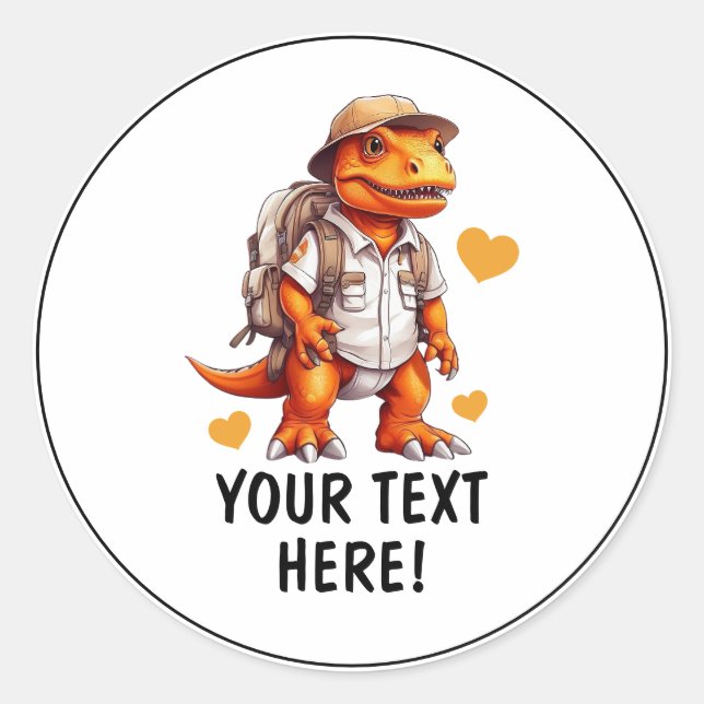 Cool White & Orange Personalised Traveller T-rex Classic Round Sticker (Front)