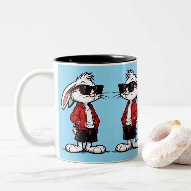 Cool White Rabbit in Red Jacket Two-Tone Coffee Mug (With Donut)