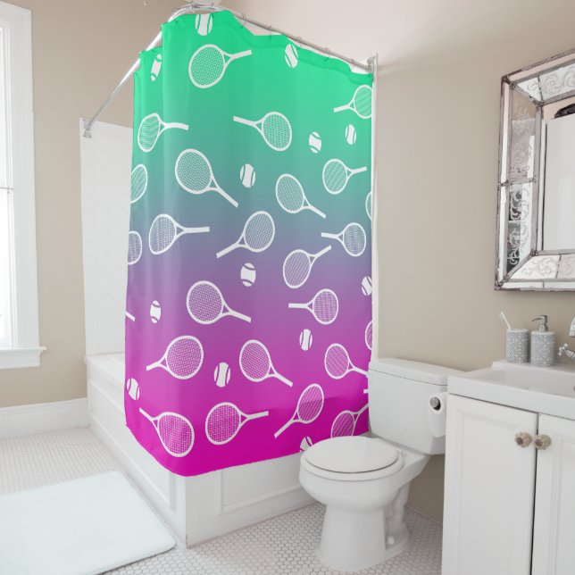 Cool White Retro Tennis Racquets Pattern Gradient  Shower Curtain (In Situ)