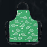 Cool White Retro Tennis Racquets Pattern Green Apron<br><div class="desc">White and green Tennis Rackets Pattern For Him | Summer Tennis Court. Gift for tennis player, white racquet tennis match on a green background. Personalised Gift for a tennis player. Trendy tennis players home decor. Trendy modern tennis player gifts. Cool retro modern gift for your school tennis coach or school...</div>