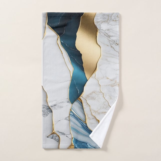 Cool White Turquoise Marble Stone Gold Bath Towel Set (Hand Towel)