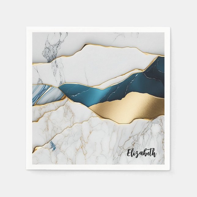 Cool White Turquoise Marble Stone Gold Napkin (Front)