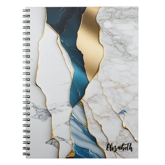 Cool White Turquoise Marble Stone Gold Notebook (Front)