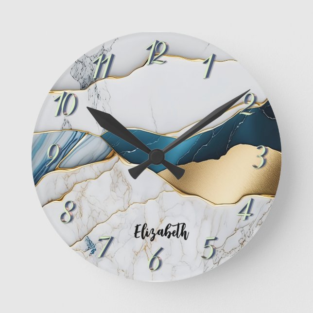Cool White Turquoise Marble Stone Gold Round Clock (Front)