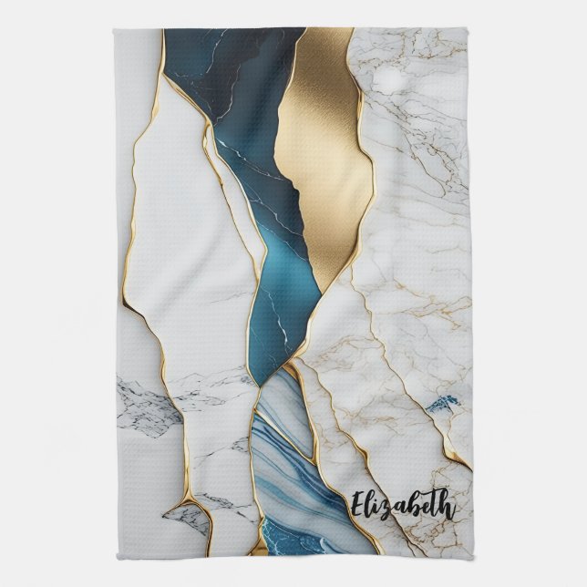Cool White Turquoise Marble Stone Gold Tea Towel (Vertical)