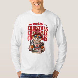 Cool Winter Fox Merry Christmas Red Hat Sunglasses T-Shirt