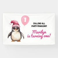 Cool Winter Pink Penguin First Birthday Girl