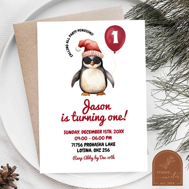 Cool Winter Red Penguin First Birthday Boy Invitation (Creator Uploaded)