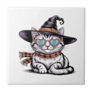 Cool Witch Cat Cute Halloween Kitty with Heart Gl Ceramic Tile
