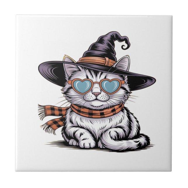 Cool Witch Cat  Cute Halloween Kitty with Heart Gl Ceramic Tile (Front)