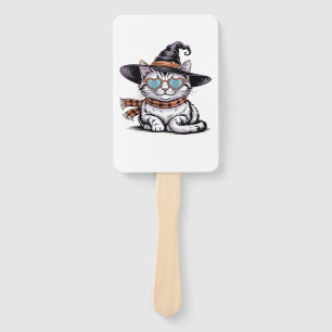 Cool Witch Cat Cute Halloween Kitty with Heart Gl Hand Fan
