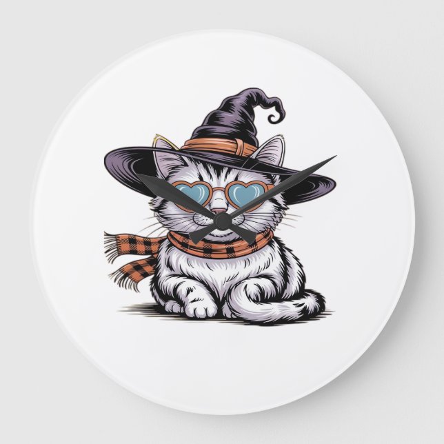 Cool Witch Cat  Cute Halloween Kitty with Heart Gl Large Clock (Front)