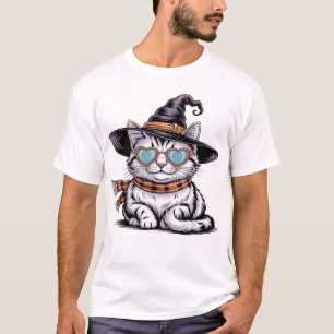 Cool Witch Cat  Cute Halloween Kitty with Heart Gl T-Shirt