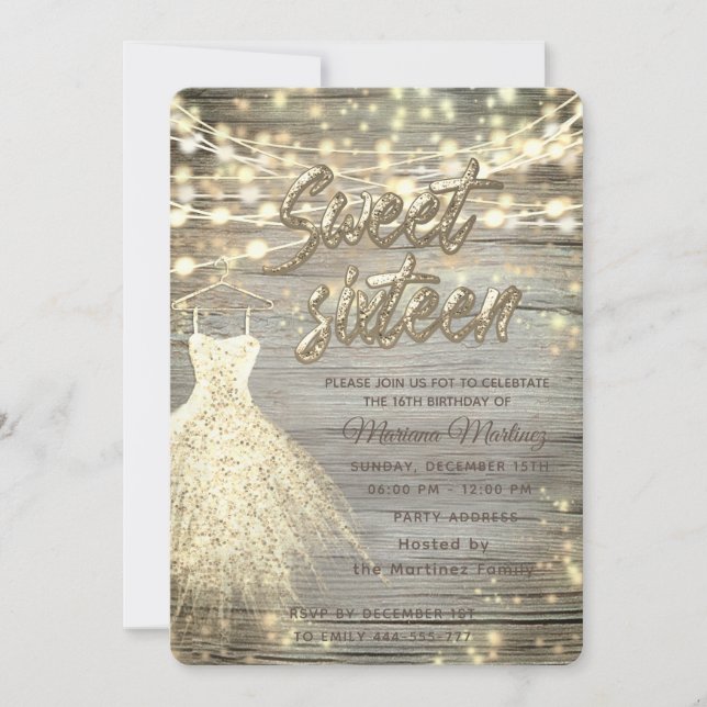 Cool wood elegant String lights gold sparkle  Invitation (Front)
