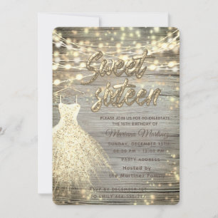 Cool wood elegant String lights gold sparkle  Invitation