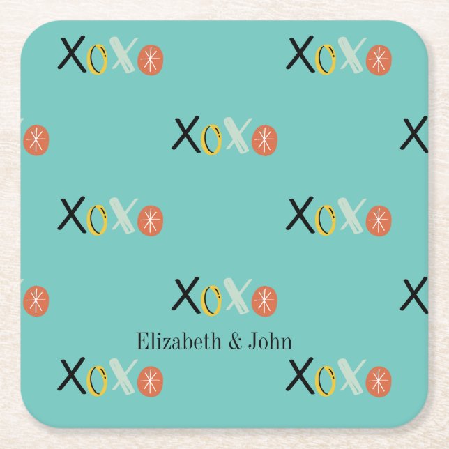 Cool "XOXO" Hearts Valentine's Day  Mint Green Square Paper Coaster (Front)