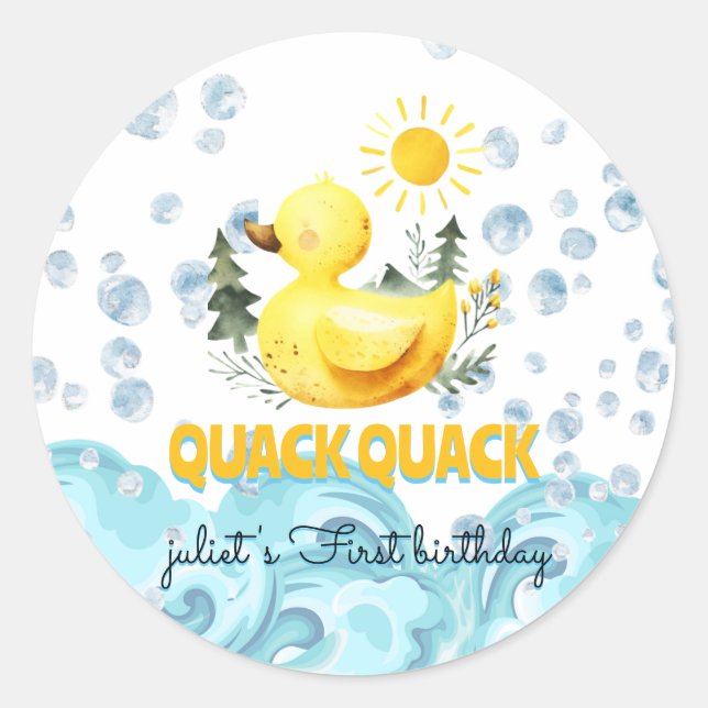 Cool yellow 1st rubber duck birthday invitations classic round sticker (Front)