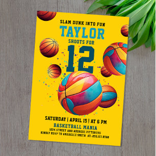 Cool Yellow Colourful Basketball Sport Birthday  Invitation