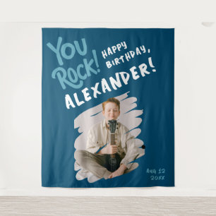 Cool You Rock Happy Bday Blue White Brush Photo  Tapestry