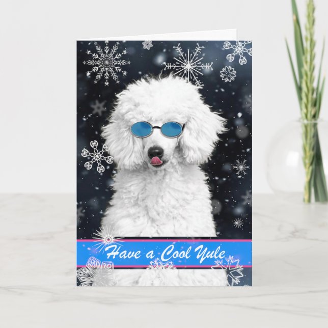 Cool Yule Christmas White Poodle with Snowflakes Card (Front)