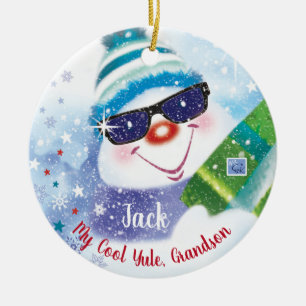 Cool Yule, Grandson, Snowman in Shades, Christmas Ceramic Ornament