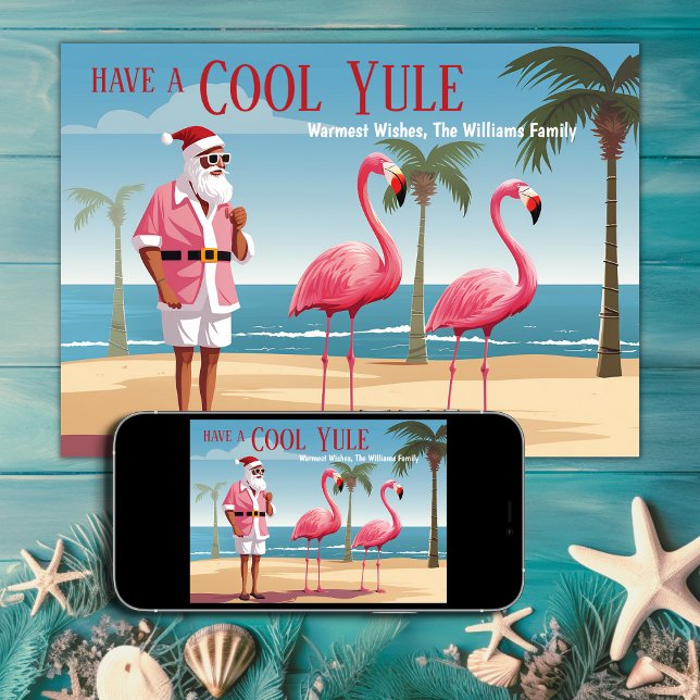 Cool Yule Santa and Flamingos Beach Christmas Holiday Card (Printed and Digital - Cool Yule Santa and Flamingos Beach Christmas Holiday Card)