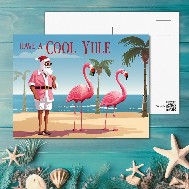 Cool Yule Santa and Flamingos Beach Christmas Holiday Postcard (Cool Yule Santa and Flamingos Beach Christmas Holiday Postcard)
