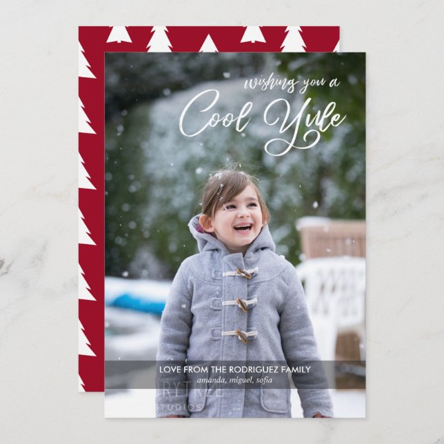 Cool Yule Script Your Photo Burgundy Christmas Holiday Card (Front/Back)