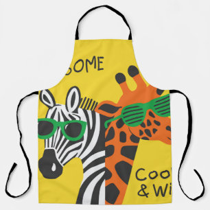 Cool zebra and giraffe wearing glasses on yellow b apron