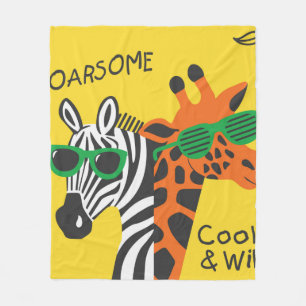 Cool zebra and giraffe wearing glasses on yellow b fleece blanket