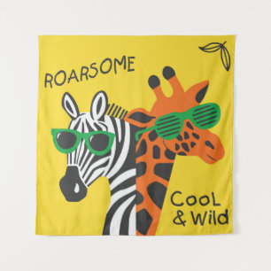 Cool zebra and giraffe wearing glasses on yellow b tapestry