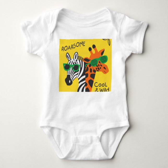 Cool Zebra Giraffe Cartoon Illustration Baby Bodysuit (Front)
