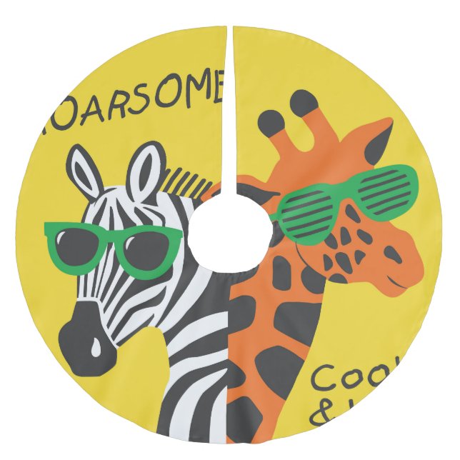 Cool Zebra Giraffe Cartoon Illustration Brushed Polyester Tree Skirt (Front)