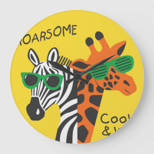 Cool Zebra Giraffe Cartoon Illustration Large Clock