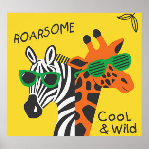 Cool Zebra Giraffe Cartoon Illustration Poster