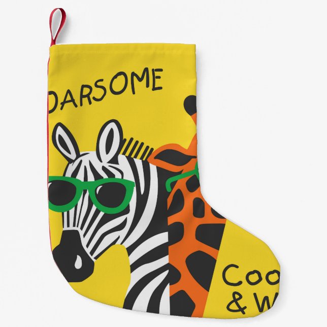 Cool Zebra Giraffe Cartoon Illustration Small Christmas Stocking (Front)