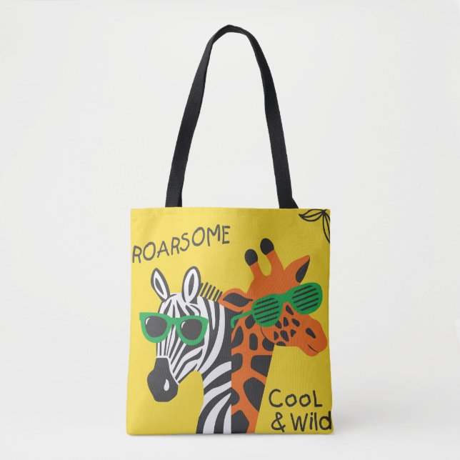 Cool Zebra Giraffe Cartoon Illustration Tote Bag (Front)