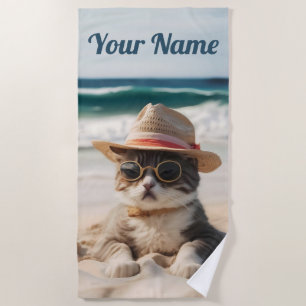 Coole Katze am Strand mit Sonnenbrille und Hut - Beach Towel