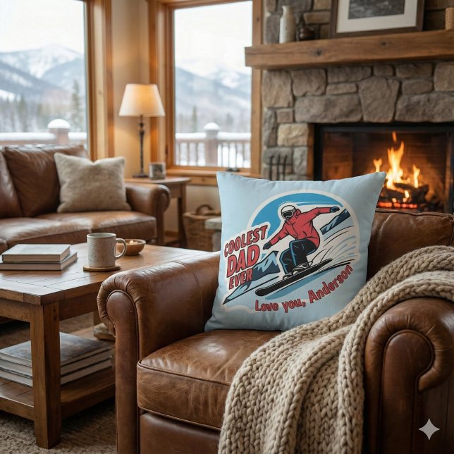 Coolest Dad Ever Snowboarding Throw Pillow (Let Dad know how cool he is with this fun snowboarder personalized pillow! )