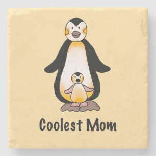 Coolest Mom Penguin Family Design Stone Coaster
