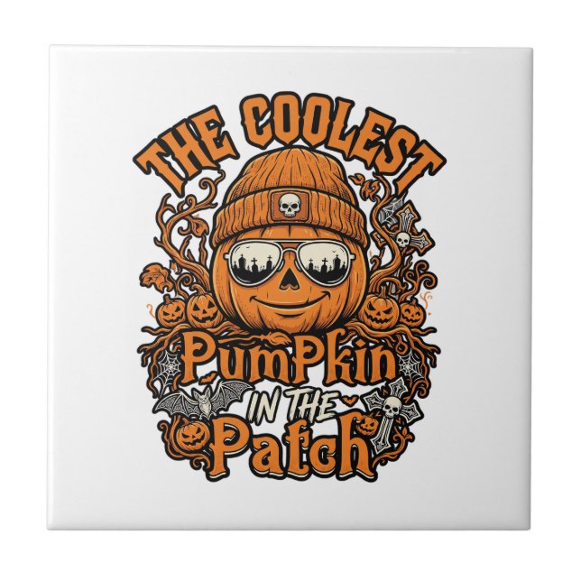 Coolest Pumpkin Patch Halloween Beanie Sunglasses Ceramic Tile (Front)