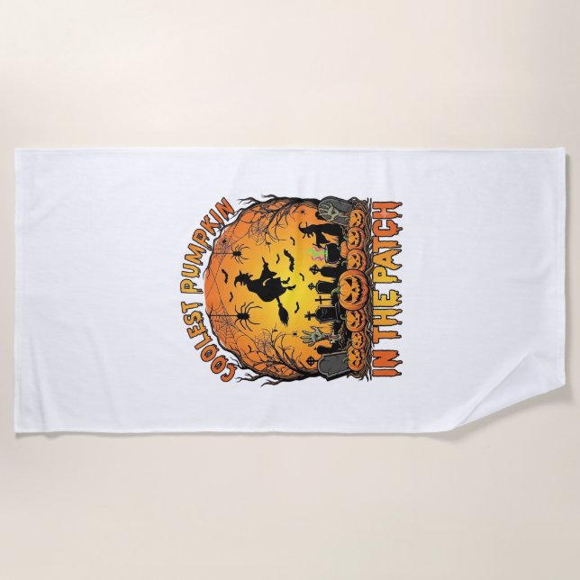 Coolest Pumpkin Patch Halloween Witch Spiders Grav Beach Towel (Front)