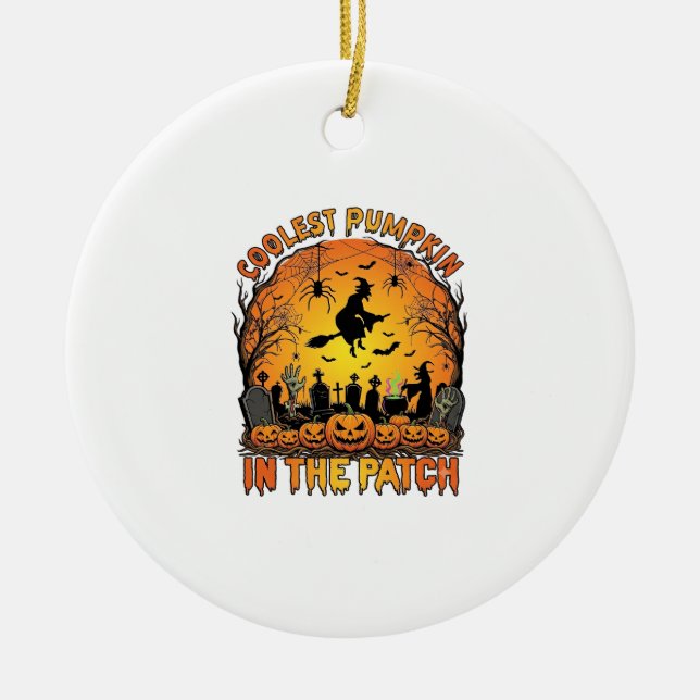 Coolest Pumpkin Patch Halloween Witch Spiders Grav Ceramic Ornament (Front)