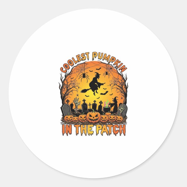 Coolest Pumpkin Patch Halloween Witch Spiders Grav Classic Round Sticker (Front)